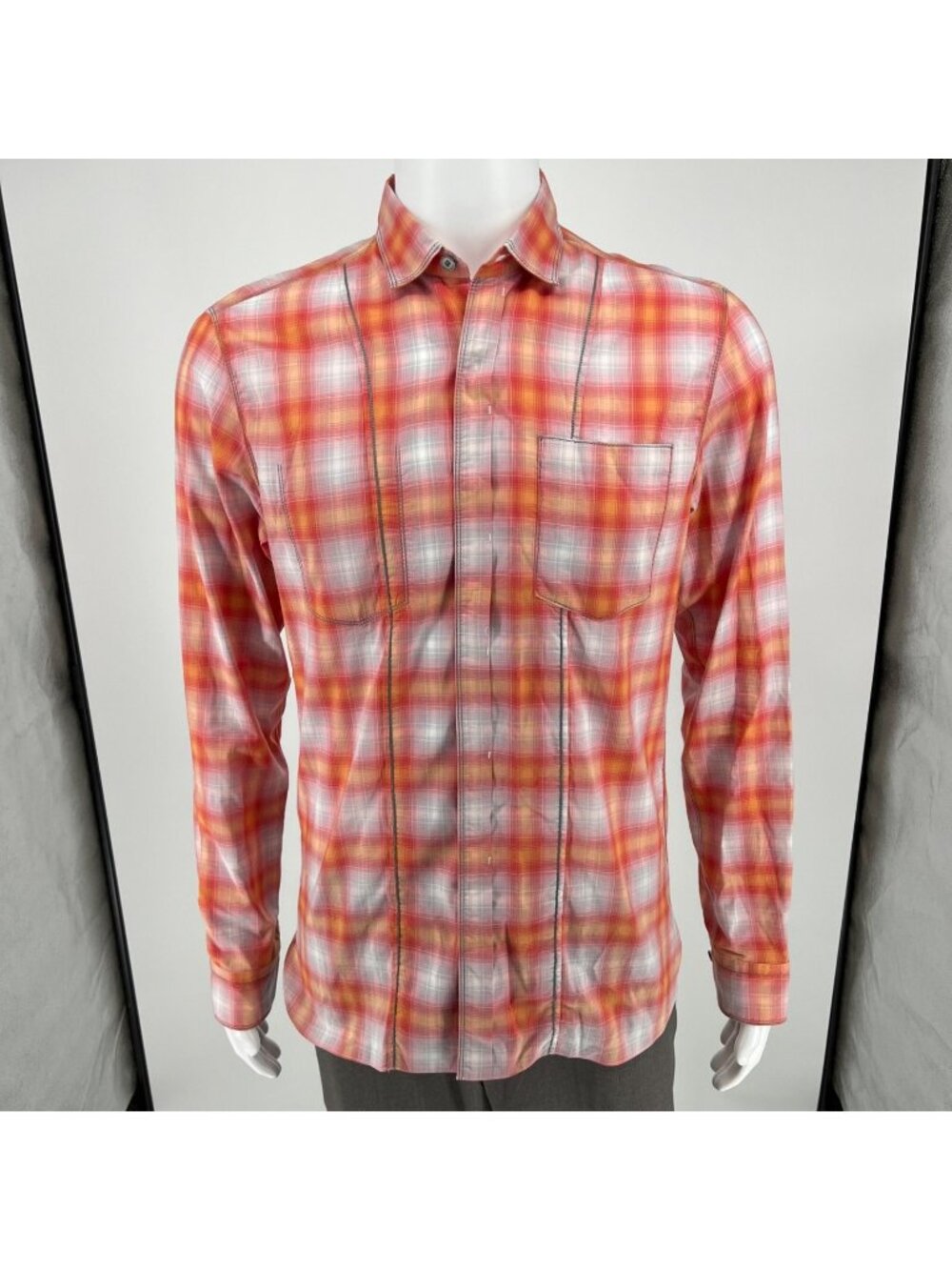 Lanvin Men's Orange/Red/White Plaid Long Sleeve Button-Up Shirt (Size 37/14.5)